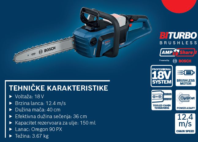 Akumulatorska lančana testera Bosch GKE 18V-40 professional Solo bez baterije i punjača (06008D3000) Aku lančana testera BOSCH Madras doo Beograd