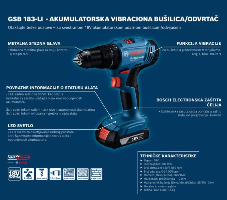 Akumulatorska vibraciona bušilica - odvrtač Bosch GSB 183-Li 18V 2x2.0 Ah u koferu (06019K9100) Aku vibraciona bušilica - odvrtač BOSCH Madras doo Beograd