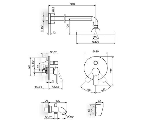 BATERIJA UZIDNA SA IZLIVOM (RUČNI I ZIDNI TUŠ) ROSAN JB31701 Ugradne baterije Rosan Madras doo Beograd