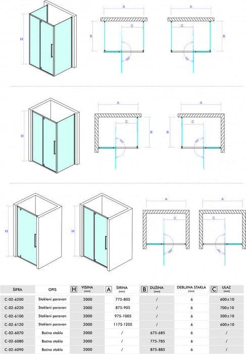 Bočno staklo CONCEPT ABSOLUT 70x200cm staklo 6mm providno (C-02-6070) Bočna stakla Concept C-02-6070 Madras doo Beograd