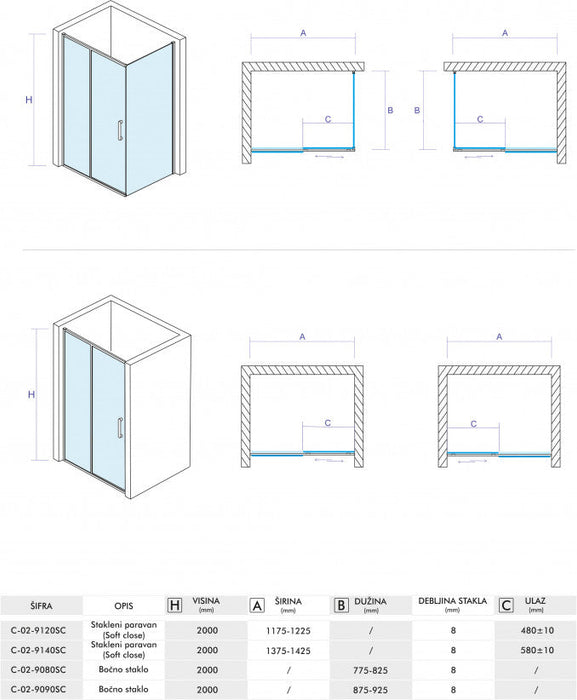 Bočno staklo CONCEPT ALPHA 80x200cm 8mm staklo (C-02-9080SC) Bočna stakla Concept C-02-9080SC Madras doo Beograd