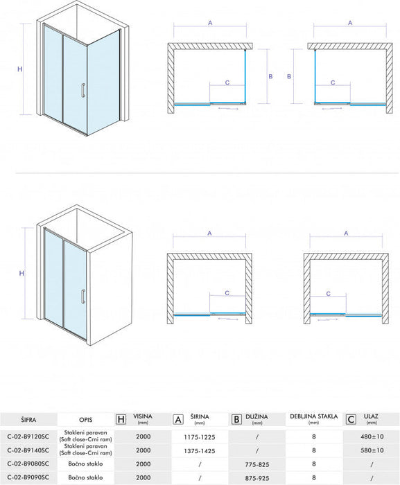 Bočno staklo CONCEPT ALPHA BLACK 80x200cm 8mm staklo (C-02-B9080SC) Bočna stakla Concept C-02-B9080SC Madras doo Beograd