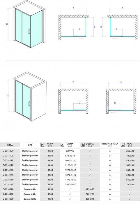 Bočno staklo CONCEPT ATLAS 70x195cm staklo 6mm providno (C-02-4070) Bočna stakla Concept C-02-4070 Madras doo Beograd