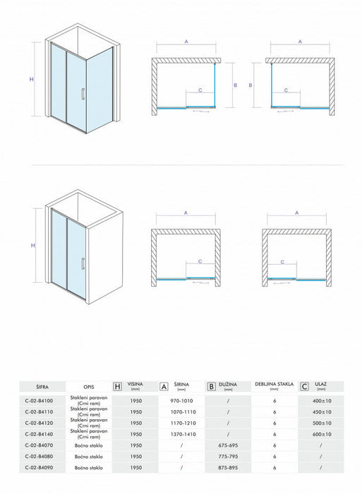 Bočno staklo CONCEPT ATLAS BLACK 80x195cm tonirano staklo 6mm crni mat ram (C-02-B4080) Bočna stakla Concept C-02-B4080 Madras doo Beograd