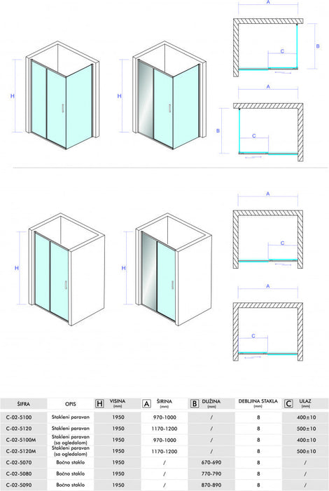 Bočno staklo CONCEPT TITAN 70x195cm staklo 8mm providno (C-02-5070) Bočna stakla Concept C-02-5070 Madras doo Beograd