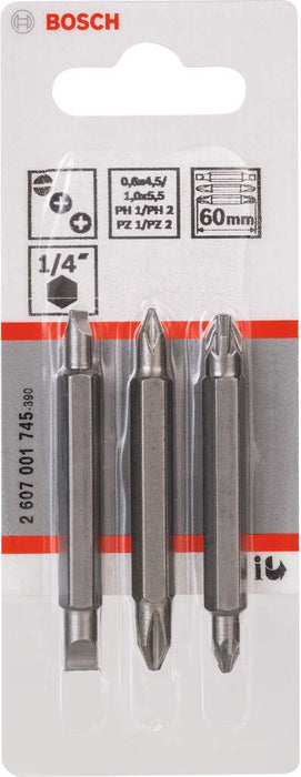 Bosch 3-delni set dvostranih nastavaka PH1, PZ1, S 0,6x4,5; PH2, PZ2, S 1,0x5,5; 60 mm - 2607001745 Set dvostranih nastavaka BOSCH BOSCH-2607001745 Madras doo Beograd