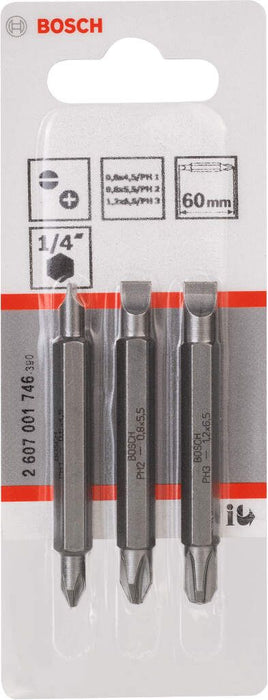 Bosch 3-delni set dvostranih nastavaka S 0,6x4,5, S 0,8x5,5, S 1,2x6,5; PH1, PH2, PH3; 60 mm - 2607001746 Set dvostranih nastavaka BOSCH BOSCH-2607001746 Madras doo Beograd