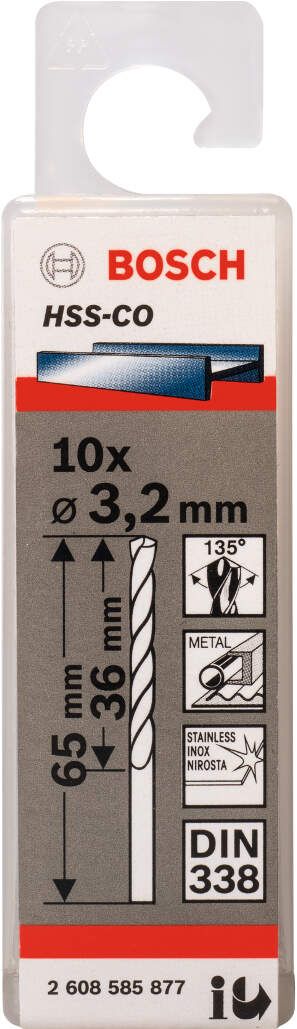 Bosch burgija za metal HSS-Co, DIN 338 3,2 x 36 x 65 mm pakovanje od 10 komada - 2608585877 Burgija za metal BOSCH BOSCH-2608585877 Madras doo Beograd