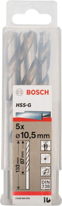 Bosch burgija za metal HSS-G, DIN 338 10,5 x 87 x 133 mm - pakovanje od 5 komada - 2608595078 Burgija za metal BOSCH BOSCH-2608595078 Madras doo Beograd