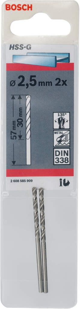 Bosch burgija za metal HSS-G, DIN 338 2,5 x 30 x 57 mm - pakovanje od 2 komada - 2608585909 Burgija za metal BOSCH BOSCH-2608585909 Madras doo Beograd