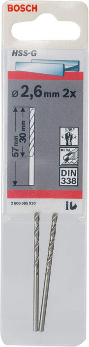 Bosch burgija za metal HSS-G, DIN 338 2,6 x 30 x 57 mm - pakovanje od 2 komada - 2608585910 Burgija za metal BOSCH BOSCH-2608585910 Madras doo Beograd