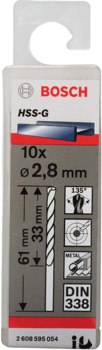 Bosch burgija za metal HSS-G, DIN 338 2,8 x 33 x 61 mm - pakovanje od 10 komada - 2608595054 Burgija za metal BOSCH BOSCH-2608595054 Madras doo Beograd