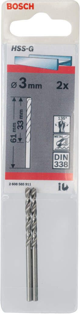 Bosch burgija za metal HSS-G, DIN 338 3 x 33 x 61 mm - pakovanje od 2 komada - 2608585911 Burgija za metal BOSCH BOSCH-2608585911 Madras doo Beograd