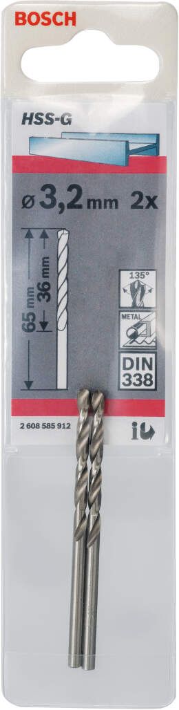 Bosch burgija za metal HSS-G, DIN 338 3,2 x 36 x 65 mm - pakovanje od 2 komada - 2608585912 Burgija za metal BOSCH BOSCH-2608585912 Madras doo Beograd