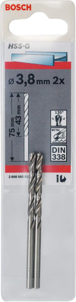 Bosch burgija za metal HSS-G, DIN 338 3,8 x 43 x 75 mm - pakovanje od 2 komada - 2608585915 Burgija za metal BOSCH BOSCH-2608585915 Madras doo Beograd