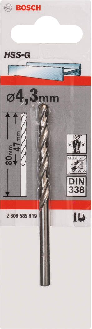 Bosch burgija za metal HSS-G, DIN 338 4,3 x 47 x 80 mm - pakovanje od 1 komada - 2608585919 Burgija za metal BOSCH BOSCH-2608585919 Madras doo Beograd