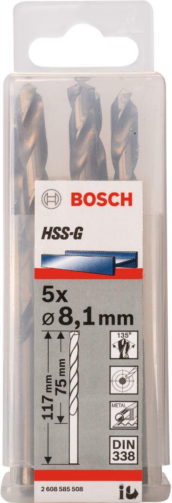 Bosch burgija za metal HSS-G, DIN 338 8,1 x 75 x 117 mm - pakovanje od 5 komada - 2608585508 Burgija za metal BOSCH Madras doo Beograd