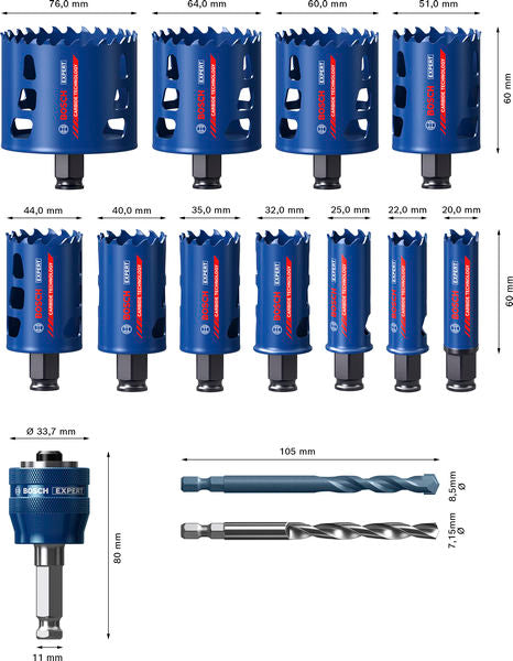 BOSCH EXPERT Multi Material Power Change Plus set burgija, 20; 22; 25; 32; 35; 40; 44; 51; 60; 64; 76×60 mm, 14 delova - Testera za otvore P MM T 14p Set (2608901908) Madras doo Beograd Madras doo Beograd