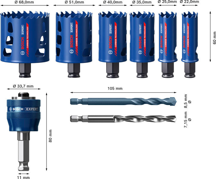 BOSCH EXPERT Multi Material Power Change Plus set testera za otvore, 22; 25; 35; 40; 51; 68×60 mm, 9 delova - Testera za otvore P MM T 9p Set (2608901907) Madras doo Beograd Madras doo Beograd