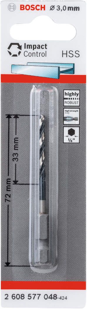 Bosch HSS spiralna burgija sa šestostranim prihvatom 3,0mm 3 x 33 x 72 mm pakovanje od 1 komada - 2608577048 Burgija HSS BOSCH BOSCH-2608577048 Madras doo Beograd