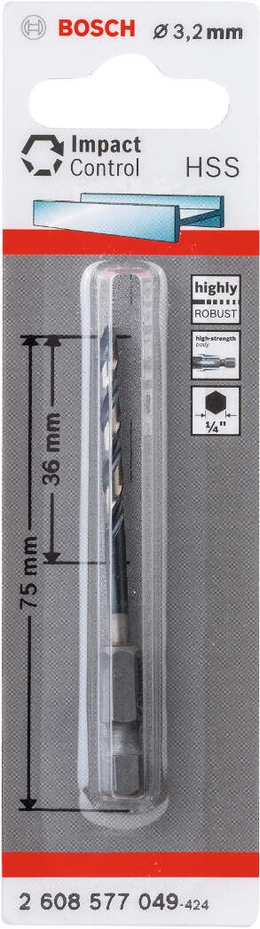 Bosch HSS spiralna burgija sa šestostranim prihvatom 3,2 mm 3.2 x 36 x 75 mm pakovanje od 1 komada - 2608577049 Burgija HSS BOSCH BOSCH-2608577049 Madras doo Beograd