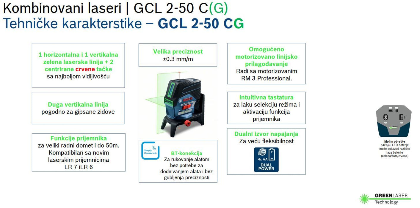 Bosch kombinovani laser GCL 2-50 CG sa zelenim linijama lasera sa RM 2 nosačem, baterijom i punjačem u L-Boxx koferu (0601066H00) Linijski laser 180° kombinovani BOSCH BOSCH-0601066H00 Madras doo Beograd