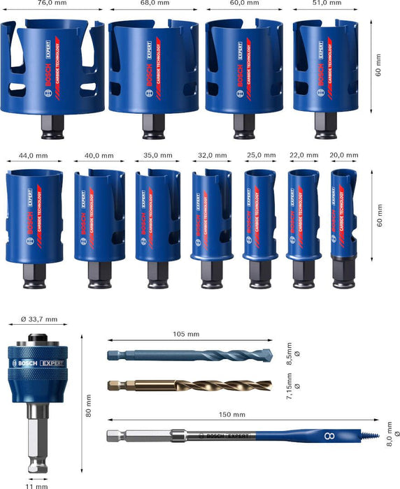 Bosch Komplet EXPERT Construction Material testera za otvore od 20/22/25/32/35/40/44/51/60/68/76 mm, 15-delni - 2608900489 Set testera za otvore BOSCH Madras doo Beograd