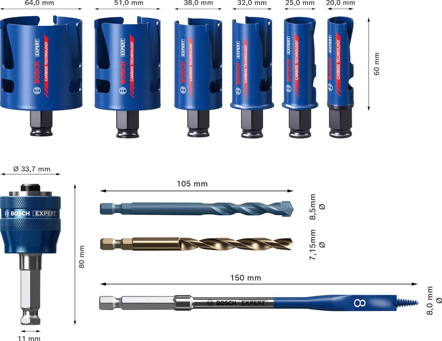 Bosch Komplet EXPERT Construction Material testera za otvore od 20/25/32/38/51/64 mm, 10-delni - 2608900490 Set testera za otvore BOSCH Madras doo Beograd