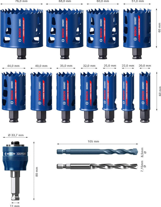 Bosch Komplet EXPERT Tough Material testera za otvore od 20/22/25/32/35/40/44/51/60/68/76 mm, 14-delni set - 2608900448 Set testera za otvore BOSCH Madras doo Beograd