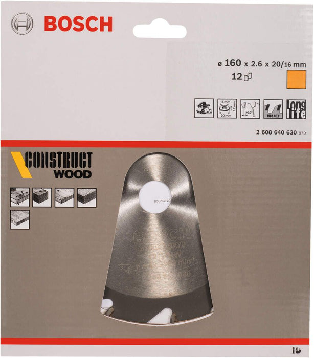 Bosch list kružne testere Construct Wood 160 x 20/16 x 2,6 mm; 12 - 2608640630 List kružne testere za drvo BOSCH Madras doo Beograd