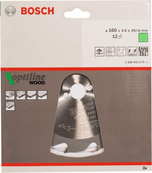 Bosch list kružne testere Optiline Wood 160 x 20/16 x 2,6 mm, 12 - 2608641173 List kružne testere za drvo BOSCH BOSCH-2608641173 Madras doo Beograd