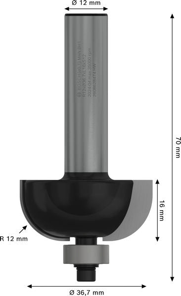 BOSCH PRO glodalo za kanale, R 12, prihvat 12 mm - Glod.za poluok.kan+vođica 12x36,7x70 (2608628474) Madras doo Beograd Madras doo Beograd