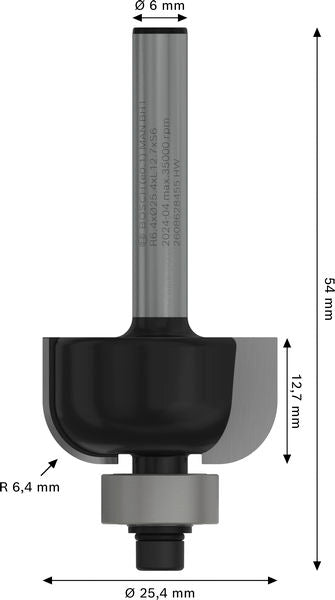 BOSCH PRO glodalo za kanale, R 6,4, prihvat 6 mm - Glod.za poluok.kan+vođica 6x25,4x54 (2608628455) Madras doo Beograd Madras doo Beograd