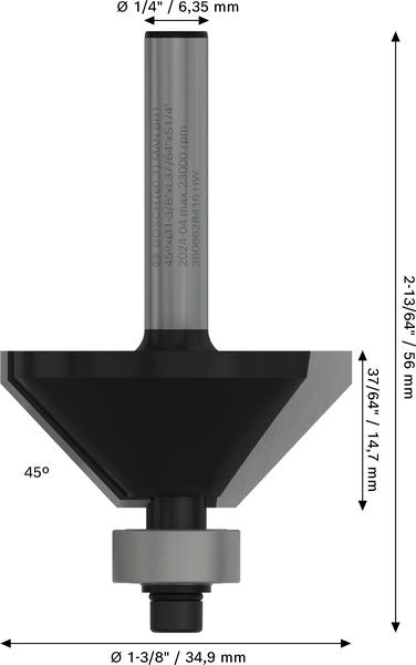 BOSCH PRO glodalo za obaranje ivica, 45°, prihvat 1/4″ - Glodalo za ivice 6,35x34,9x56 (2608628416) Madras doo Beograd Madras doo Beograd
