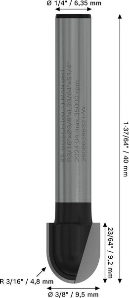 BOSCH PRO glodalo za poluokrugle kanale, R 3/16″, prihvat 1/4″ - Glod.za poluok.kan+vođica 6,35x9,5x45 (2608628632) Madras doo Beograd Madras doo Beograd