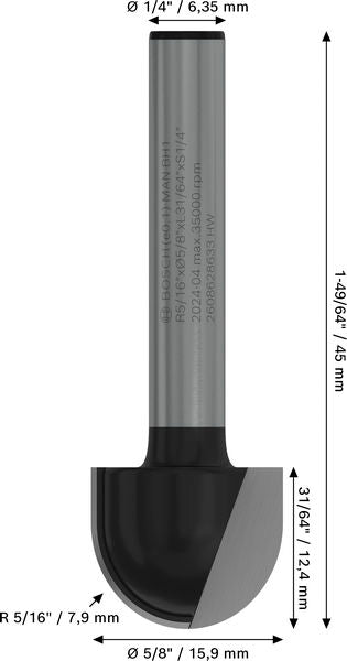BOSCH PRO glodalo za poluokrugle kanale, R 5/16″, prihvat 1/4″ - Glod.za poluok.kan+vođica 6,35x15,9x45 (2608628633) Madras doo Beograd Madras doo Beograd