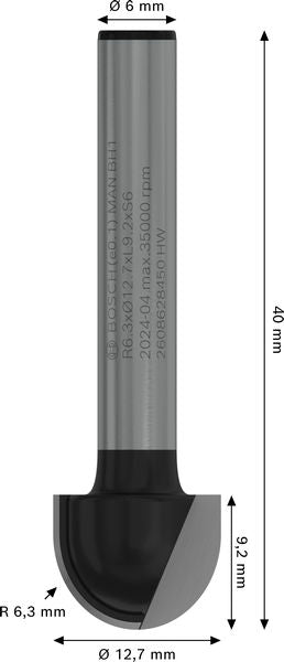 BOSCH PRO glodalo za poluokrugle kanale, R 6,3, prihvat 6 mm - Glod.za poluok.kan+vođica 6x12,7x40 (2608628450) Madras doo Beograd Madras doo Beograd