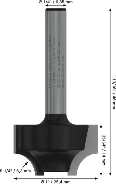 BOSCH PRO glodalo za profilisanje ivica, R 1/4″, prihvat 1/4″ - Profilno glodalo 6,35x25,4x46 (2608628424) Madras doo Beograd Madras doo Beograd