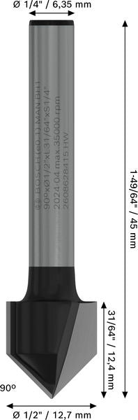 BOSCH PRO glodalo za V-kanale, 90°×Ø 1/2", prihvat 1/4" - V-glodalo za žljebove 6,35x12,7x45 (2608628415) Madras doo Beograd Madras doo Beograd