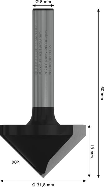 BOSCH PRO glodalo za V-kanale, 90°×Ø 31,8, prihvat 8 mm - V-glodalo za žljebove V-Groove Bit (2608629680) Madras doo Beograd Madras doo Beograd