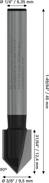 BOSCH PRO glodalo za V-kanale, 90°×Ø 3/8″, prihvat 1/4″ - V-glodalo za žljebove 6,35x9,5x45 (2608628631) Madras doo Beograd Madras doo Beograd