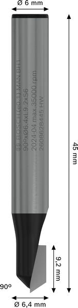 BOSCH PRO glodalo za V-kanale, 90°×Ø 6,4, prihvat 6 mm - V-glodalo za žljebove 6x6,35x48 (2608628445) Madras doo Beograd Madras doo Beograd
