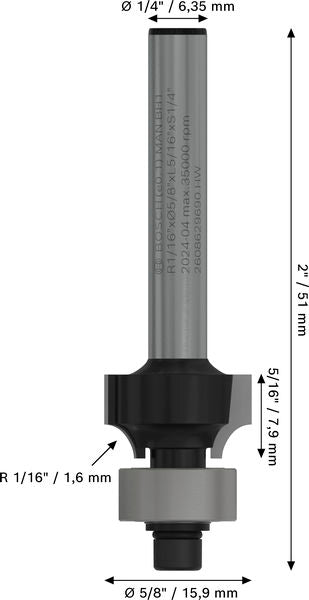 BOSCH PRO glodalo za zaobljavanje, R 1/16", prihvat 1/4" - Glodala za zaobljavanje Roundover (2608629690) Madras doo Beograd Madras doo Beograd