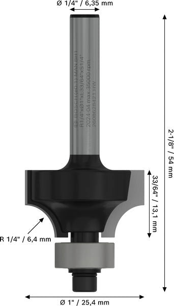 BOSCH PRO glodalo za zaobljavanje, R 1/4", prihvat 1/4" - Glodalo sa četvrt-krakom 6,35x25,4x54 (2608628421) Madras doo Beograd Madras doo Beograd