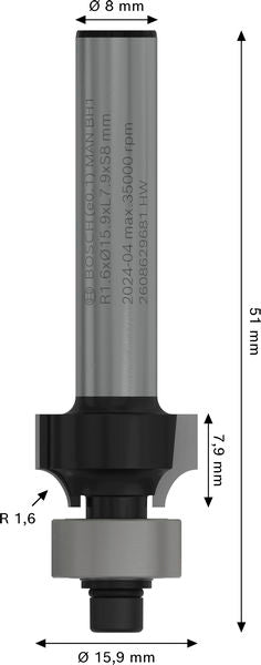 BOSCH PRO glodalo za zaobljavanje, R 1,6, prihvat 8 mm - Glodala za zaobljavanje Roundover (2608629681) Madras doo Beograd Madras doo Beograd