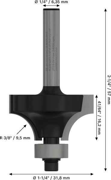 BOSCH PRO glodalo za zaobljavanje, R 3/8", prihvat 1/4" - Glodalo sa četvrt-krakom 6,35x31,8x57 (2608628422) Madras doo Beograd Madras doo Beograd