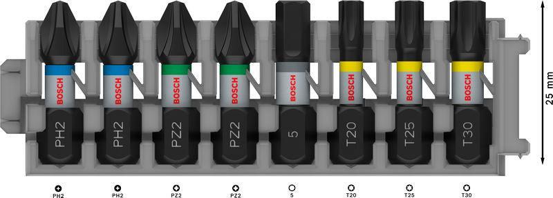 BOSCH PRO Impact set nastavaka za odvrtač, PH2 (×2); PZ2 (×2); H5; T20; T25; T30, 25 mm, 8 kom. - Komplet umetaka uvrtača PRO Impact Set (2608521U62) Madras doo Beograd Madras doo Beograd