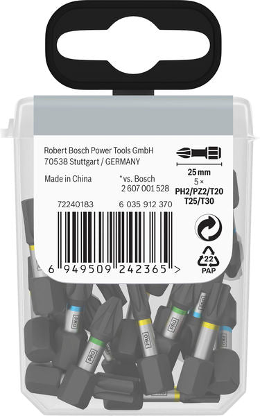 BOSCH PRO Impact set nastavaka za odvrtač, PH2 (×5), PZ2 (×5), T20 (×5), T25 (×5), T30 (×5), 25 mm, sa prozorčićem, 10×25 kom. - Komplet umetaka uvrtača PRO Impact Set (2608521U63) Madras doo Beograd Madras doo Beograd