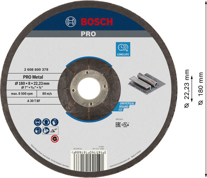 BOSCH PRO Metal lepljeni brusni disk, 180×8×22,23 mm, oSa - Brus.ploča ispupčena-metal A30T BF,180x8 (2608600379) Power Tools BOSCH Madras doo Beograd