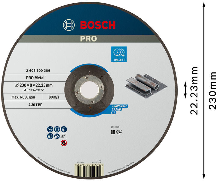 BOSCH PRO Metal lepljeni brusni disk, 230×8×22,23 mm - Brus.ploča ispupčena-metal A30T BF,230x8 (2608600386) Power Tools BOSCH Madras doo Beograd